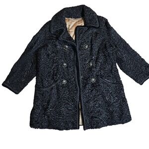 Vintage MCM Persian Lamb Fur Coat 1940s 50s Tight Curls Black Double‎ Breasted M